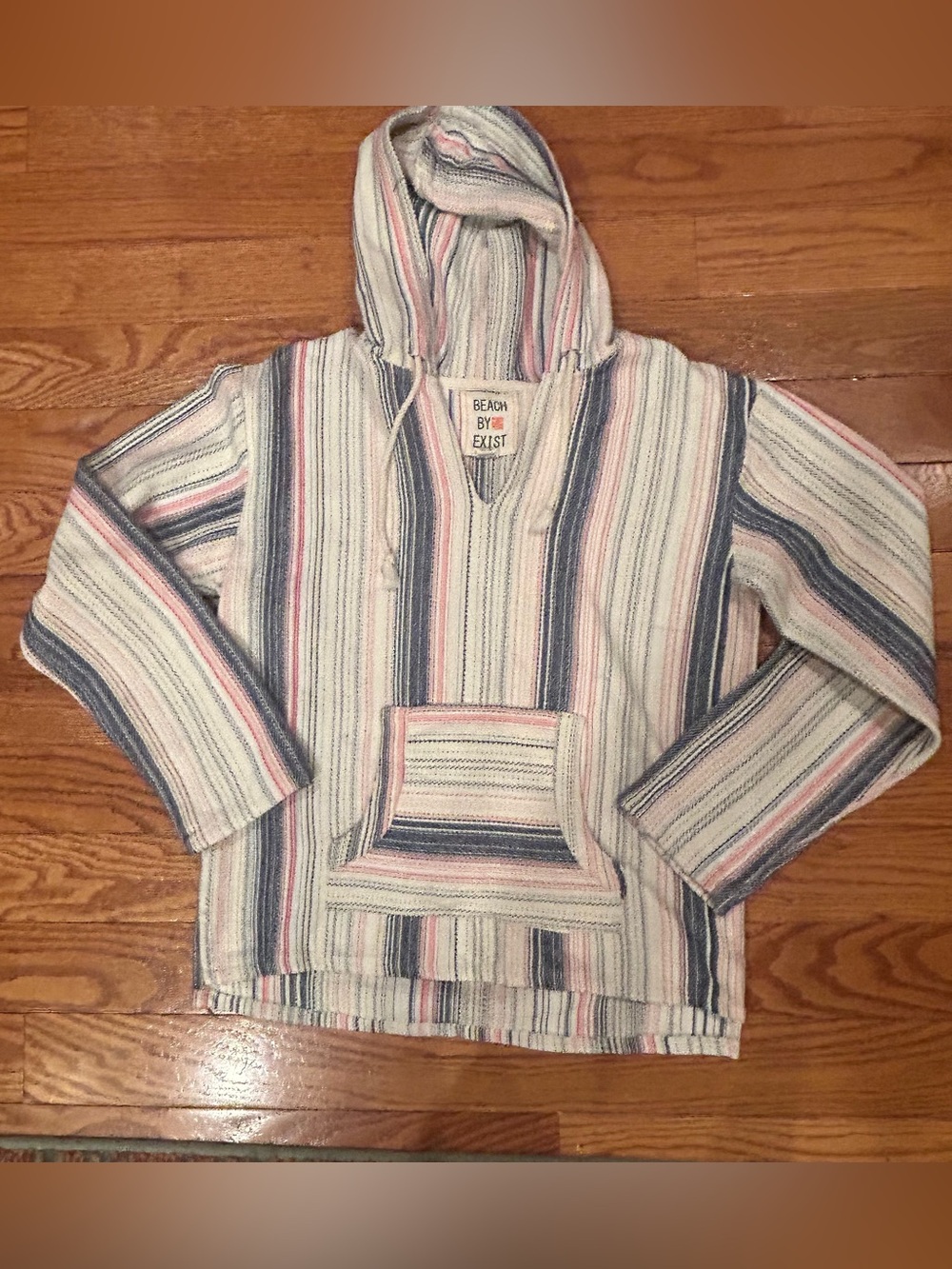 Beach By Exist Hoodie Size L Blue White Pink Striped Beachy Boho Baja Pullover